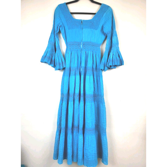 Vintage Womens Small Dress Long MAXI Bohemian Crochet Lace Flare Sleeve 1970s - Picture 4 of 10